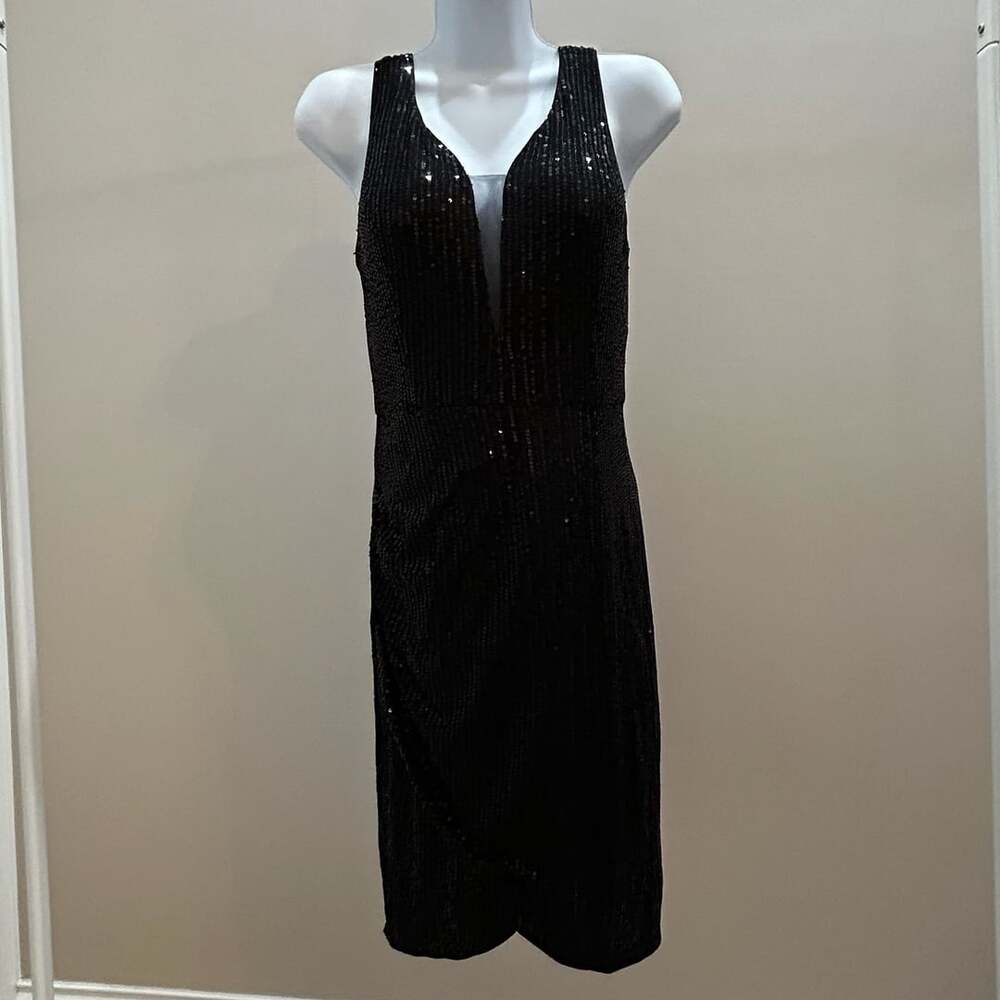 Grace Karin Sequin Cocktail Dress Size M Black V-Neck Bodycon Party Midi